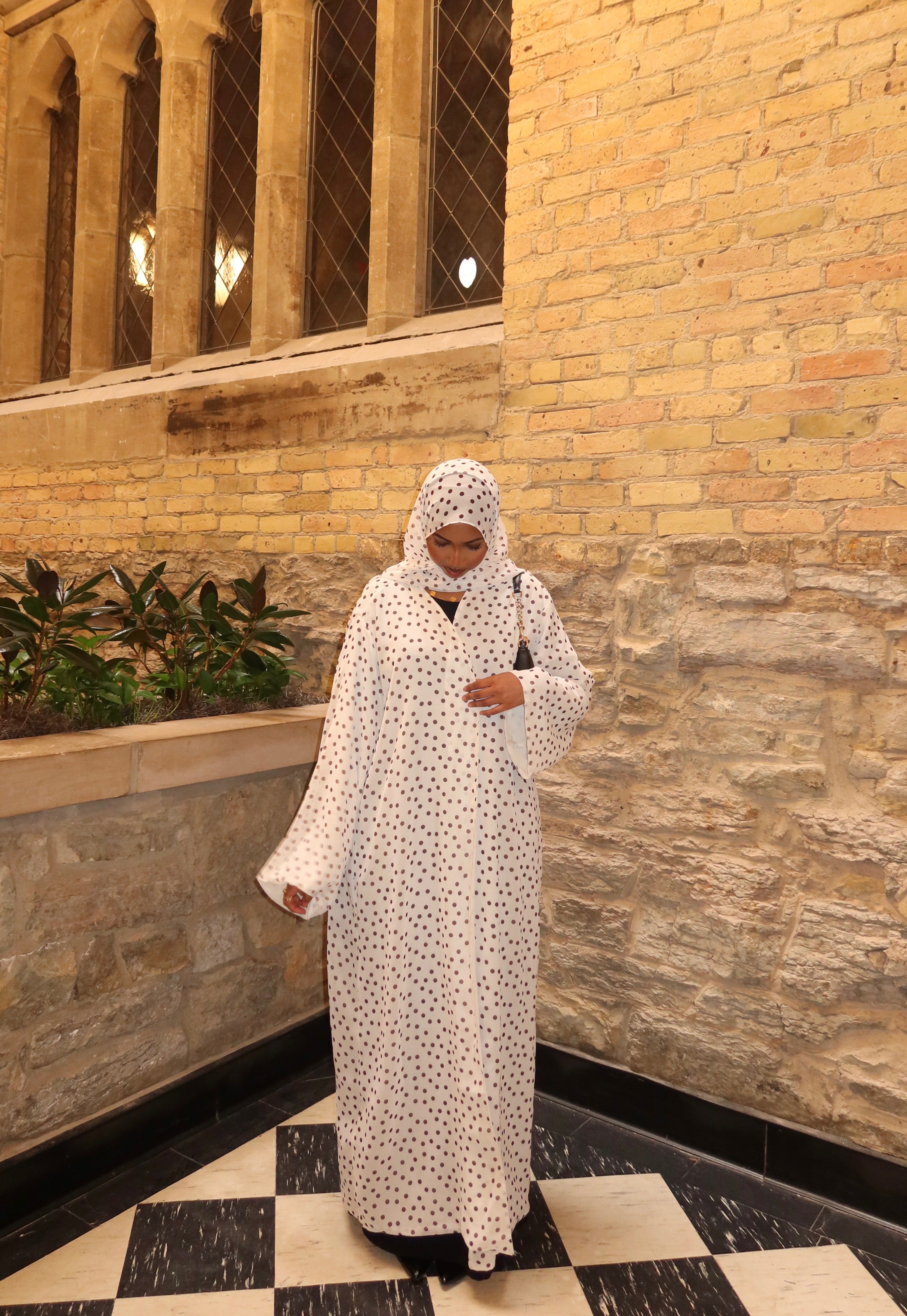 White Cream Polka Dot Open Abaya