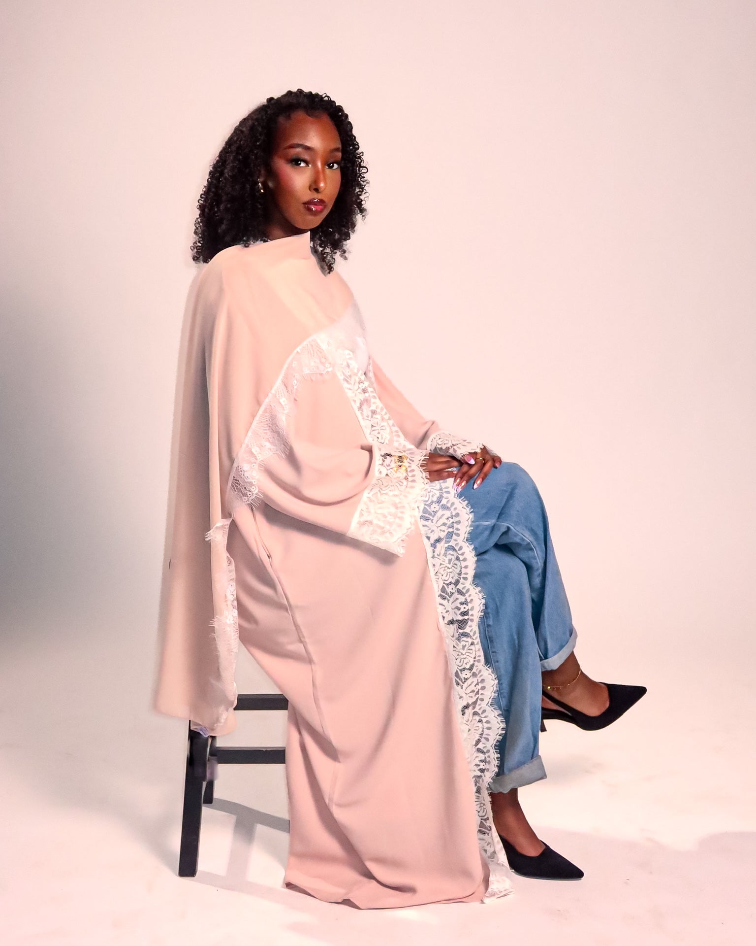 Blush Pink Lace Open Abaya