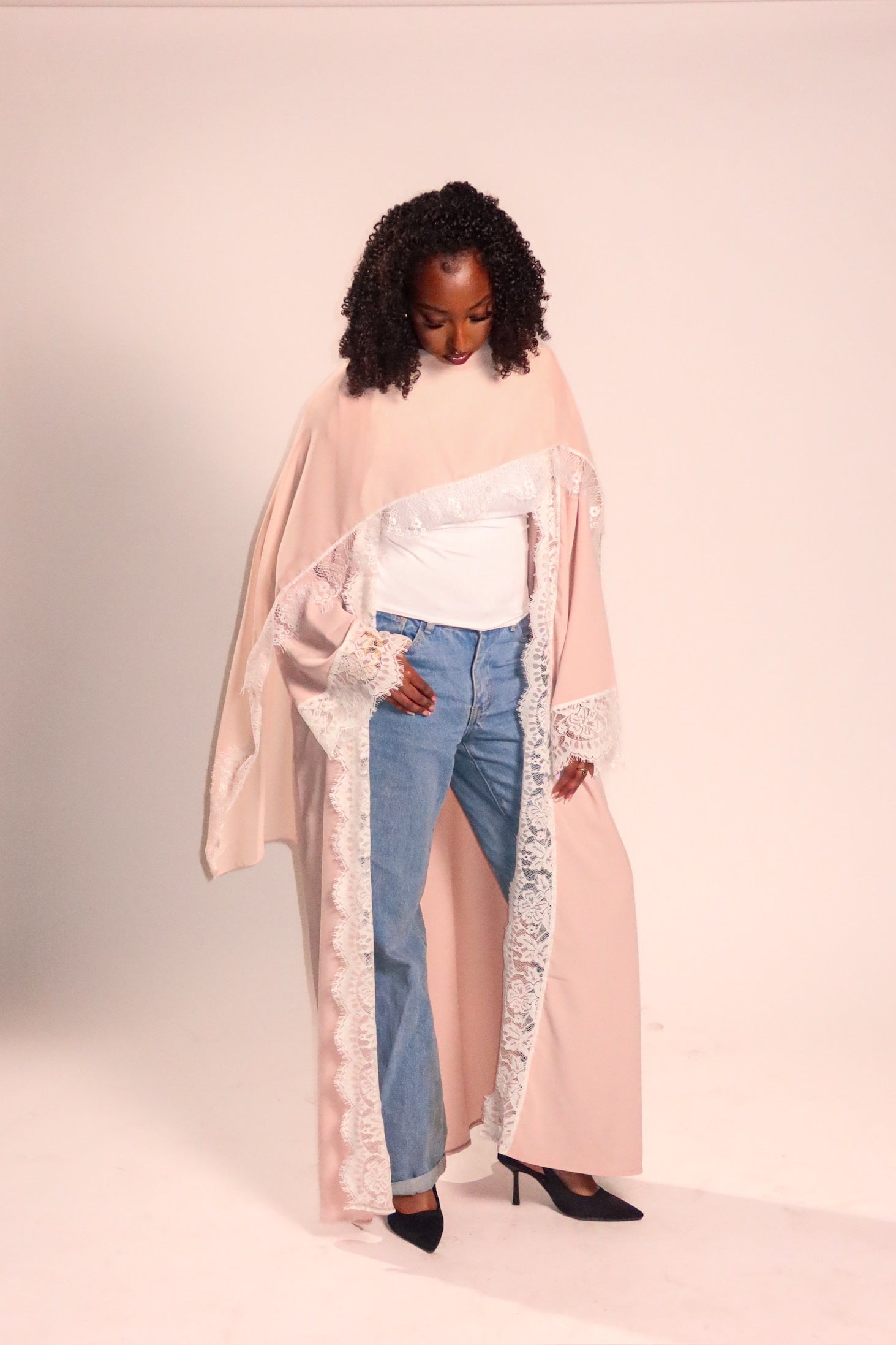 Blush Pink Lace Open Abaya