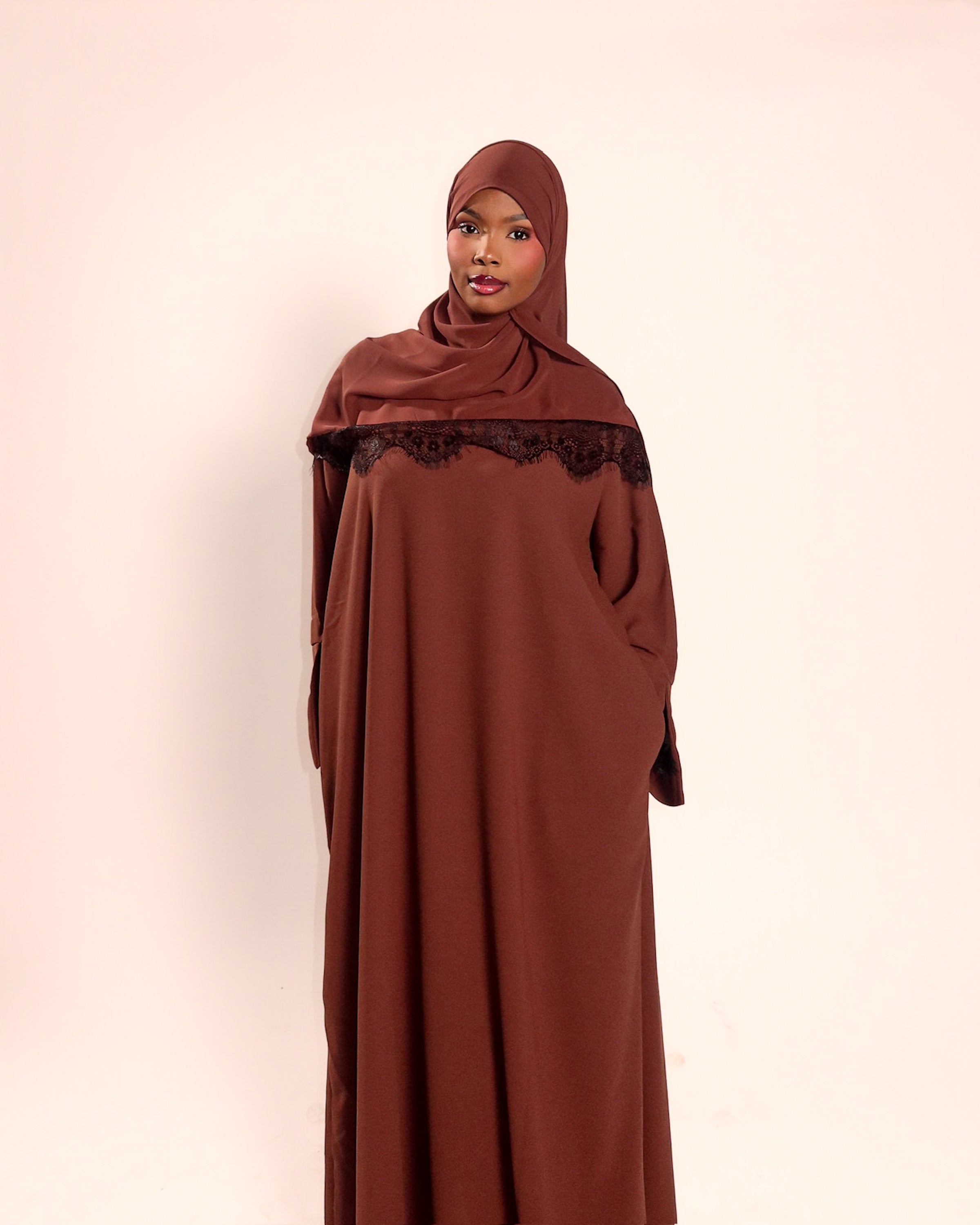 Chocolate Lace Trim Abaya