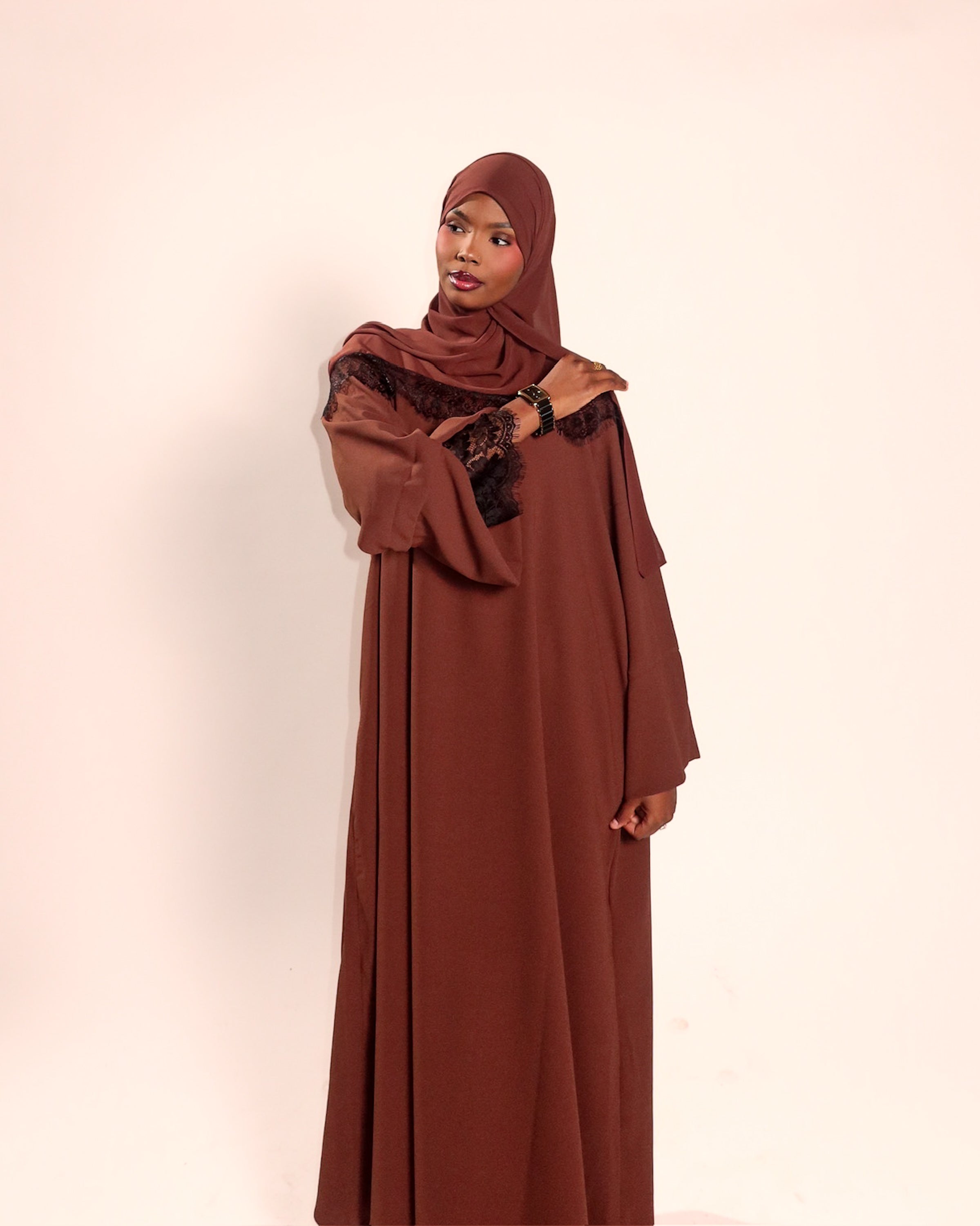 Chocolate Lace Trim Abaya