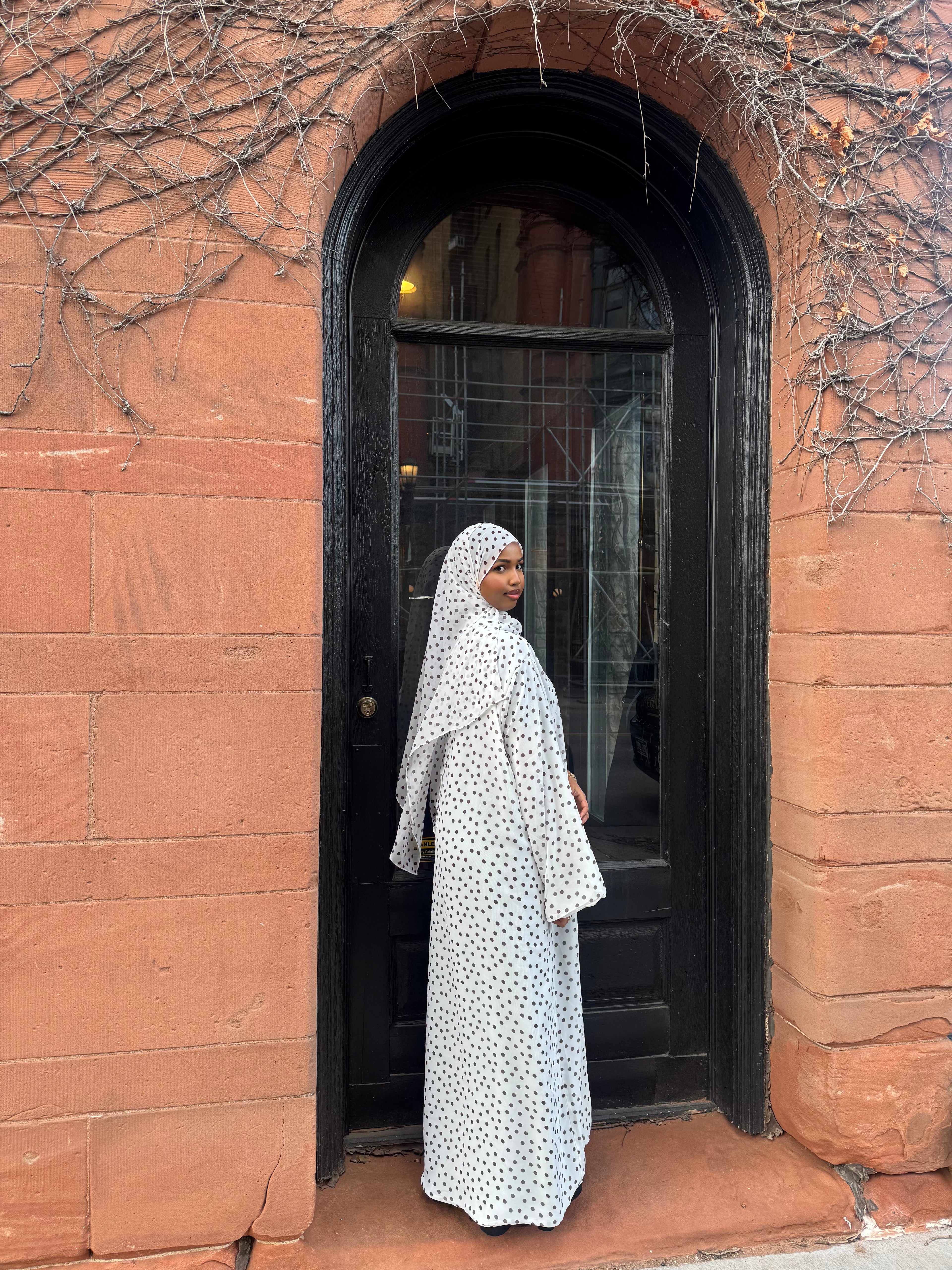 White Cream Polka Dot Open Abaya